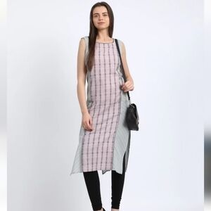 AURELIA Gray and Pink Long Sleeveless Split Sides Beach Tunic Kurtas Stripes M